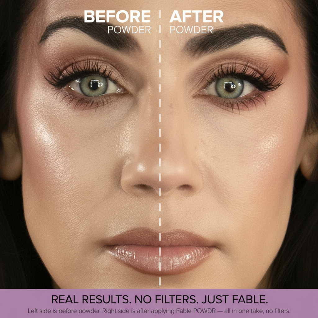 Before and After using Fable POWDR setting powder with no filter