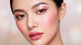 Woman applying blush, contour, and highlighter makeup.